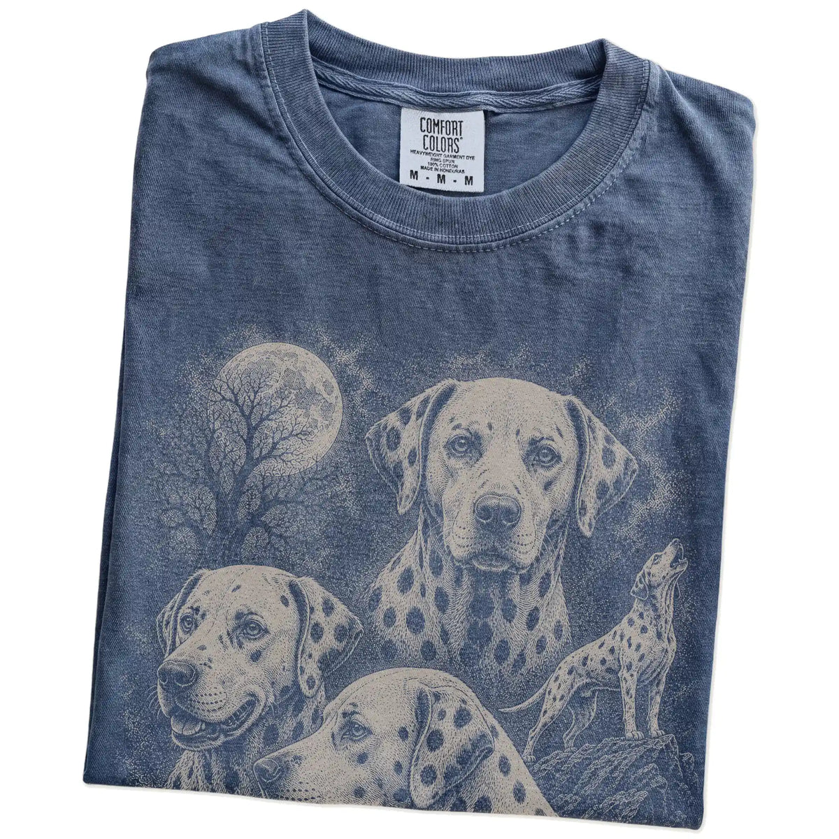 Folded Denim Comfort Colors® T-shirt showing a vintage moon montage featuring Dalmatian