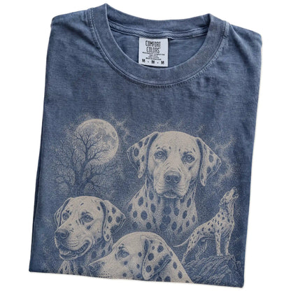 Folded Denim Comfort Colors® T-shirt showing a vintage moon montage featuring Dalmatian