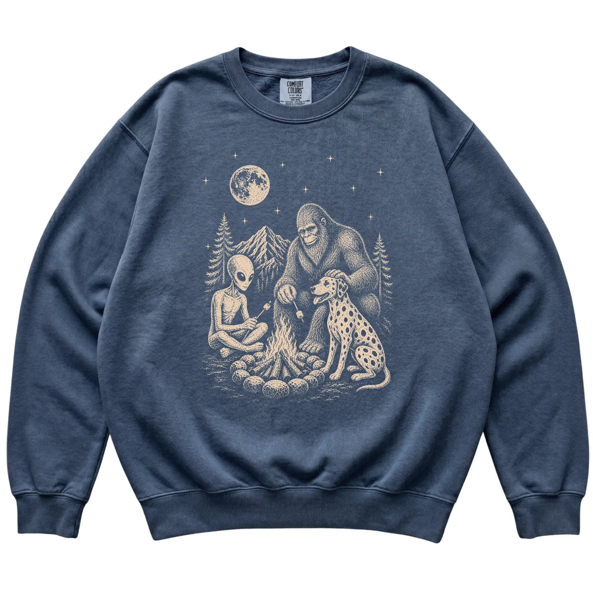 Denim Dalmatian Camping with Bigfoot and Alien shirt laid flat