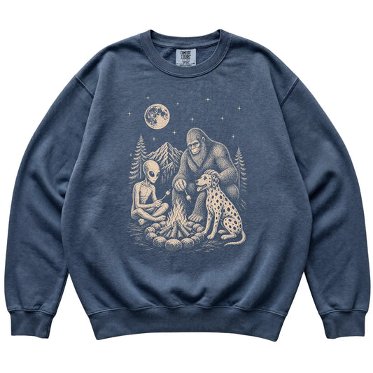 Denim Dalmatian Camping with Bigfoot and Alien shirt laid flat