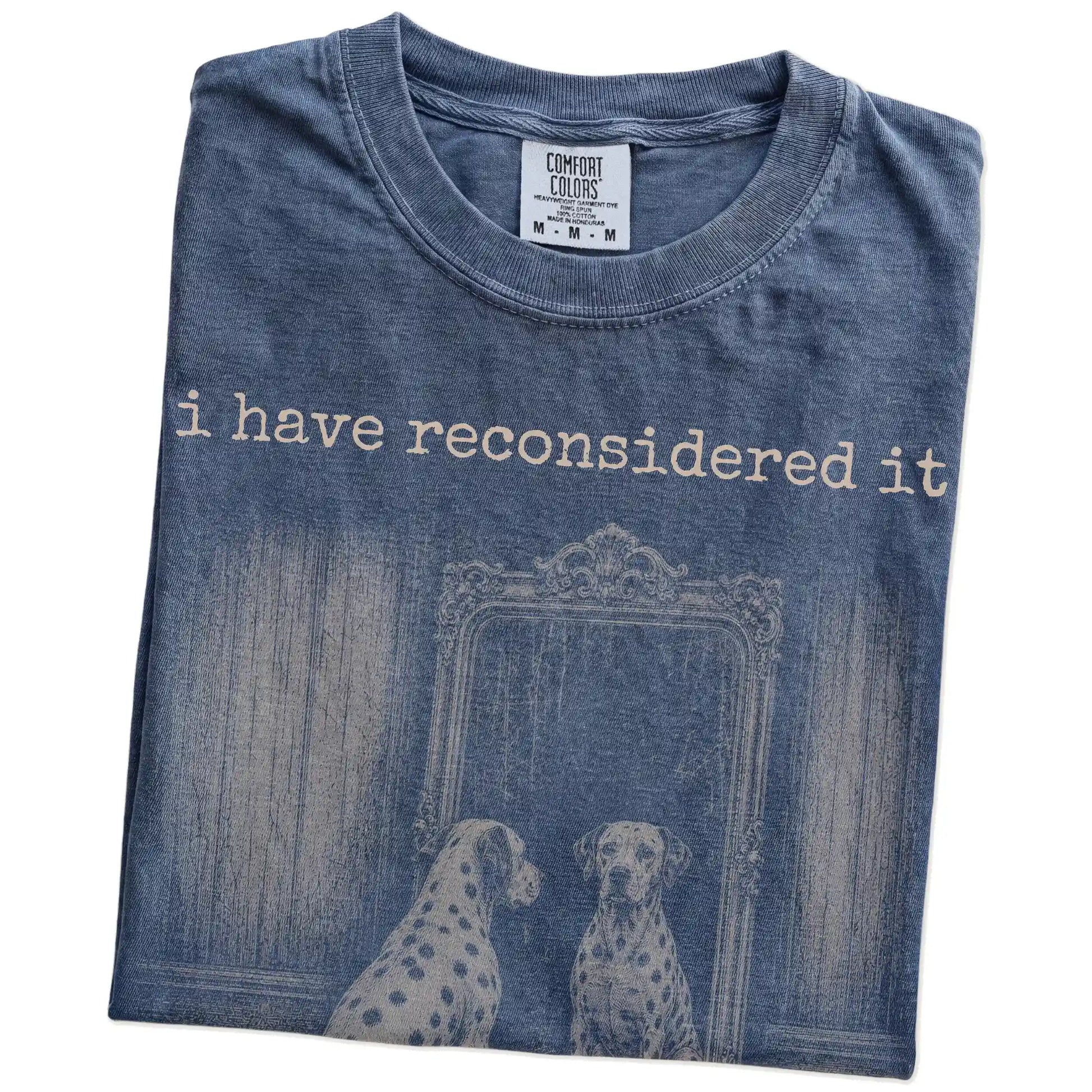 Folded Denim Comfort Colors® T-shirt showing “the answer is still no” dalmatian design