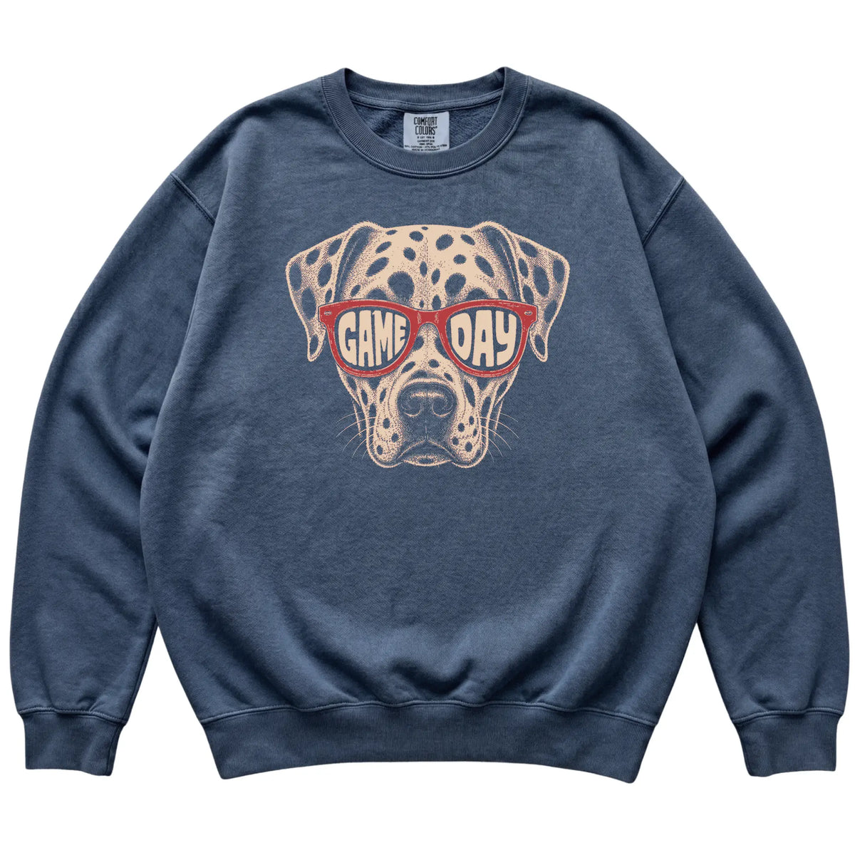 Denim Dalmatian Game Day Sunglasses sweatshirt, laid flat