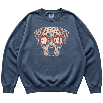 Denim Dalmatian Game Day Sunglasses sweatshirt, laid flat
