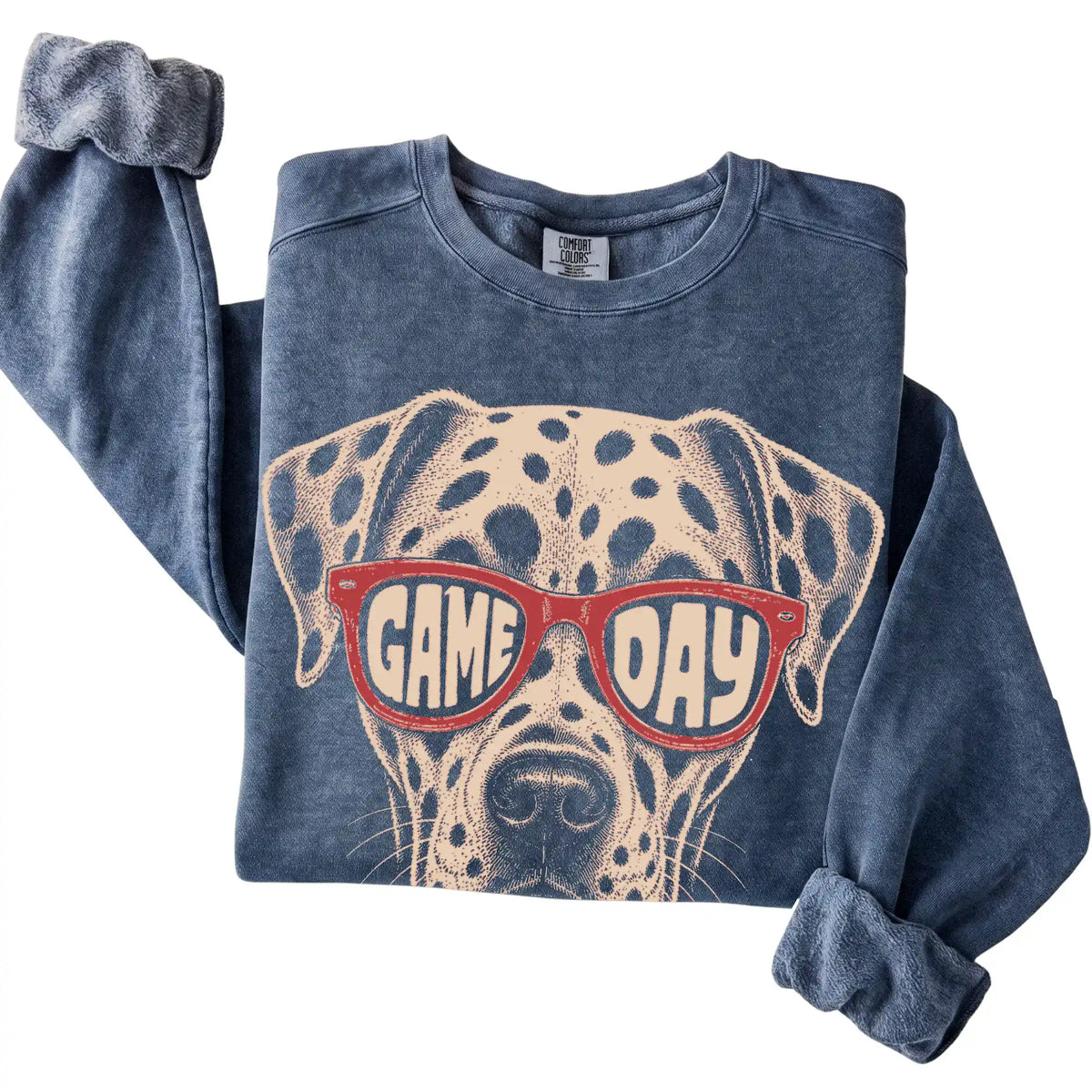 Denim Dalmatian Game Day Sunglasses sweatshirt, folded