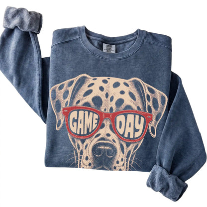 Denim Dalmatian Game Day Sunglasses sweatshirt, folded