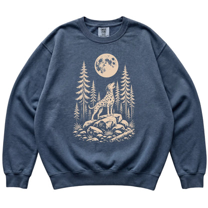 Close view of Dalmatian Howling at the Moon artwork on Denim Comfort Colors sweatshirt