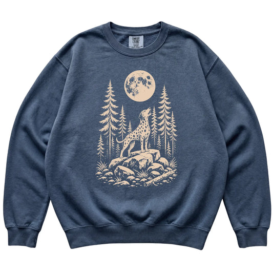 Close view of Dalmatian Howling at the Moon artwork on Denim Comfort Colors sweatshirt