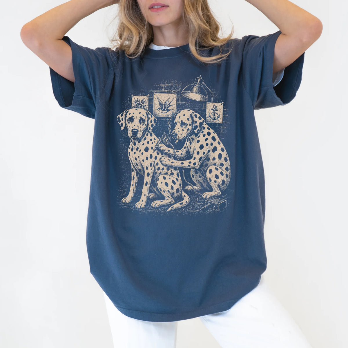 Person wearing a Denim Dalmatian Tattoo t-shirt