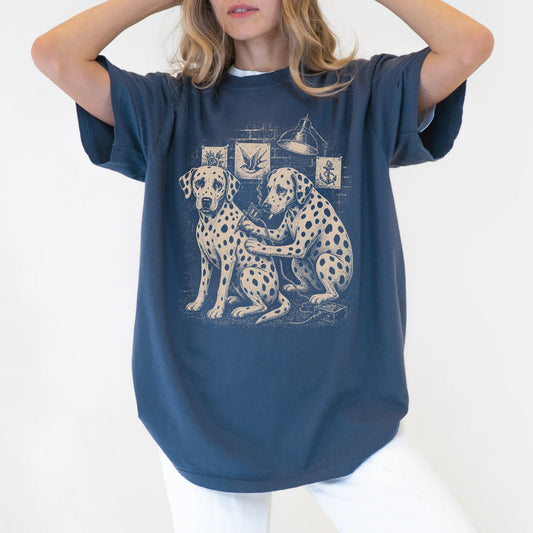 Person wearing a Denim Dalmatian Tattoo t-shirt