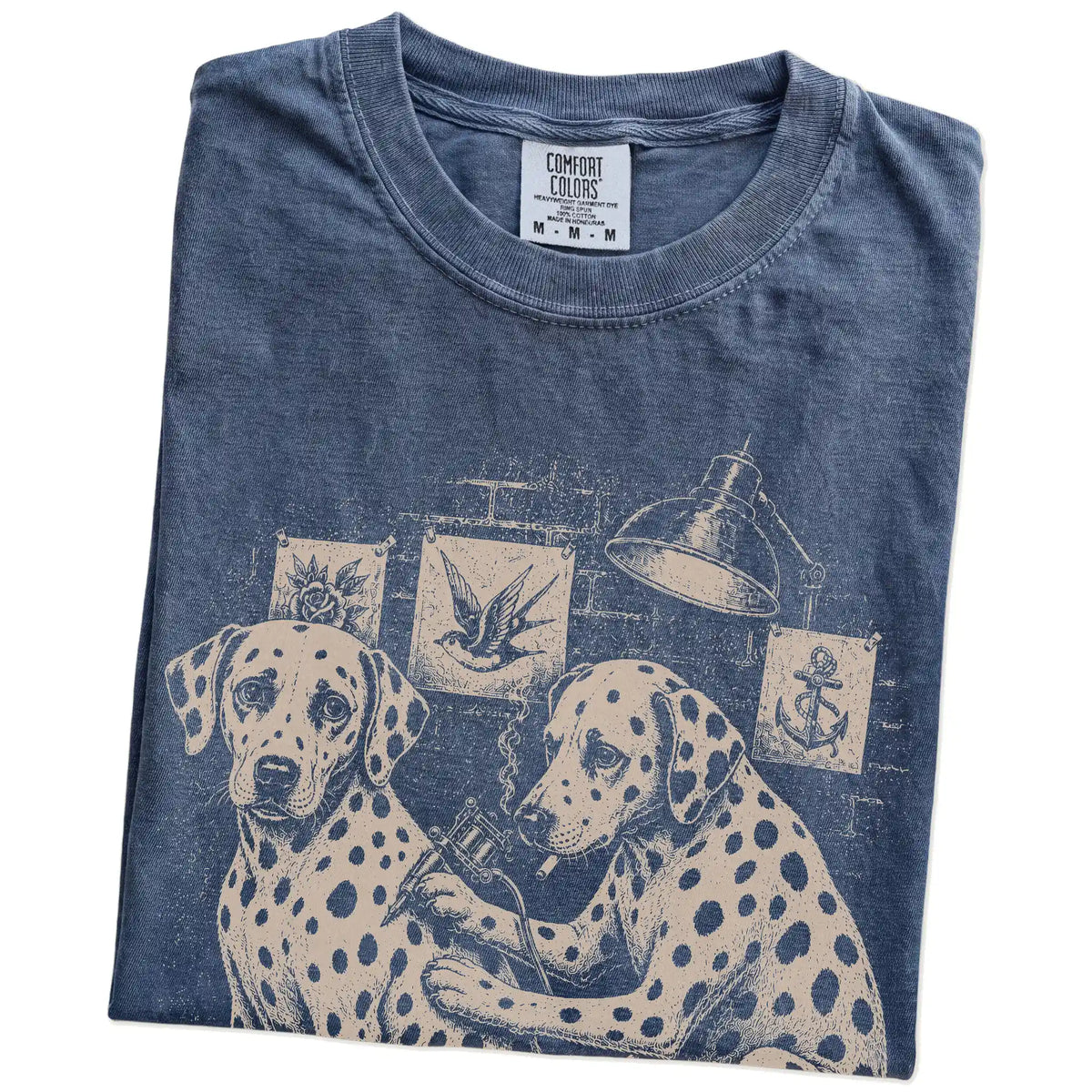 Folded Denim Dalmatian Tattoo t-shirt showing the graphic