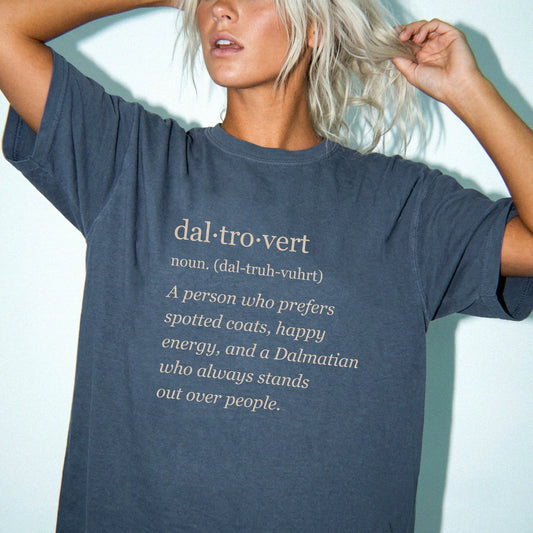 Woman wearing a Denim Dalmatian Tro-Vert Comfort Colors T-shirt