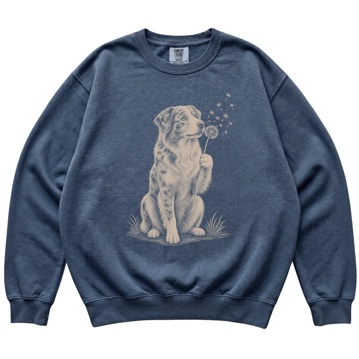 Denim Comfort Colors® sweatshirt featuring Dandelion Australian Shepherd, laid-flat presentation