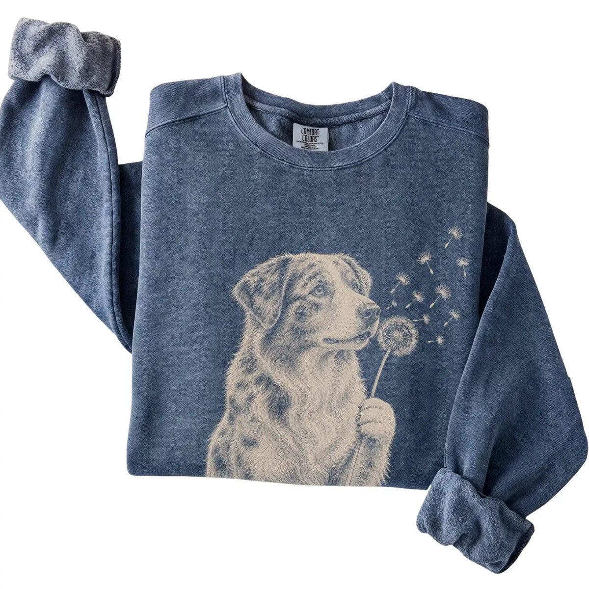 Denim Comfort Colors® sweatshirt featuring Dandelion Australian Shepherd, folded presentation