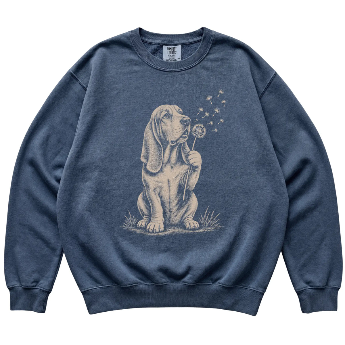 Denim Comfort Colors® sweatshirt featuring Dandelion Basset Hound, laid-flat presentation