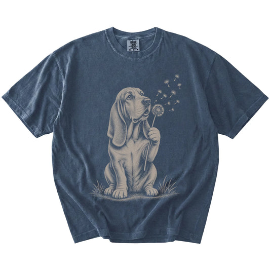 Basset Hound portrait with drifting dandelion seeds on a Denim Comfort Colors® T-shirt