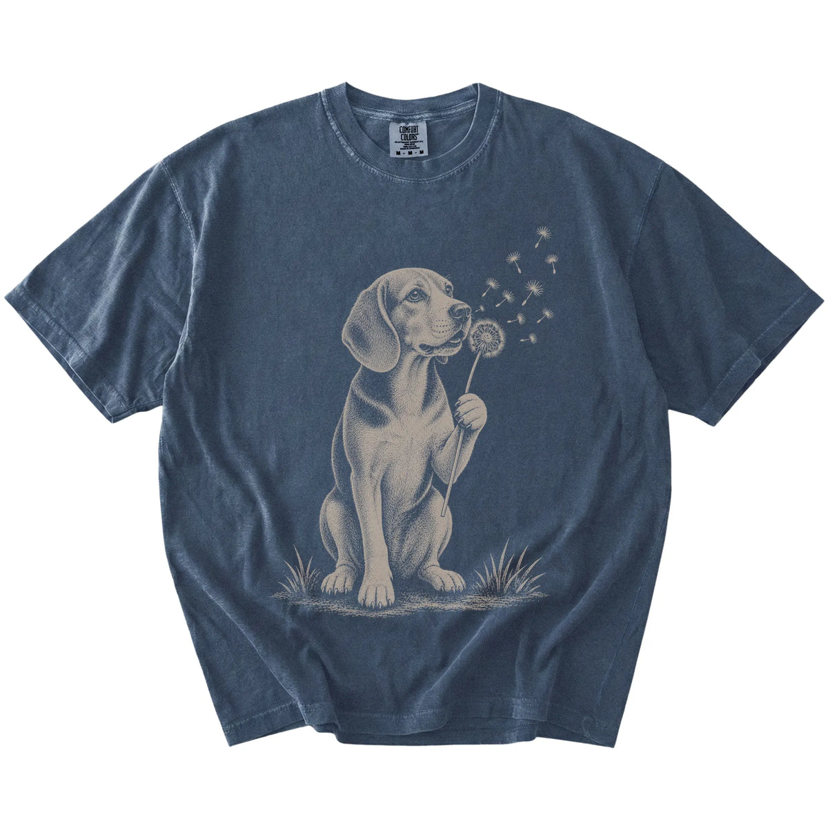 Beagle portrait with drifting dandelion seeds on a Denim Comfort Colors® T-shirt