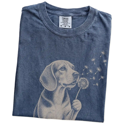 Folded Denim Comfort Colors® T-shirt showing Beagle portrait with drifting dandelion seeds