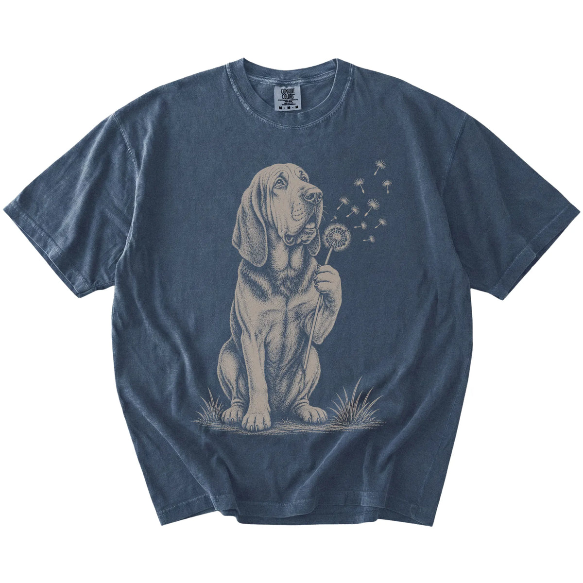 Bloodhound portrait with drifting dandelion seeds on a Denim Comfort Colors® T-shirt
