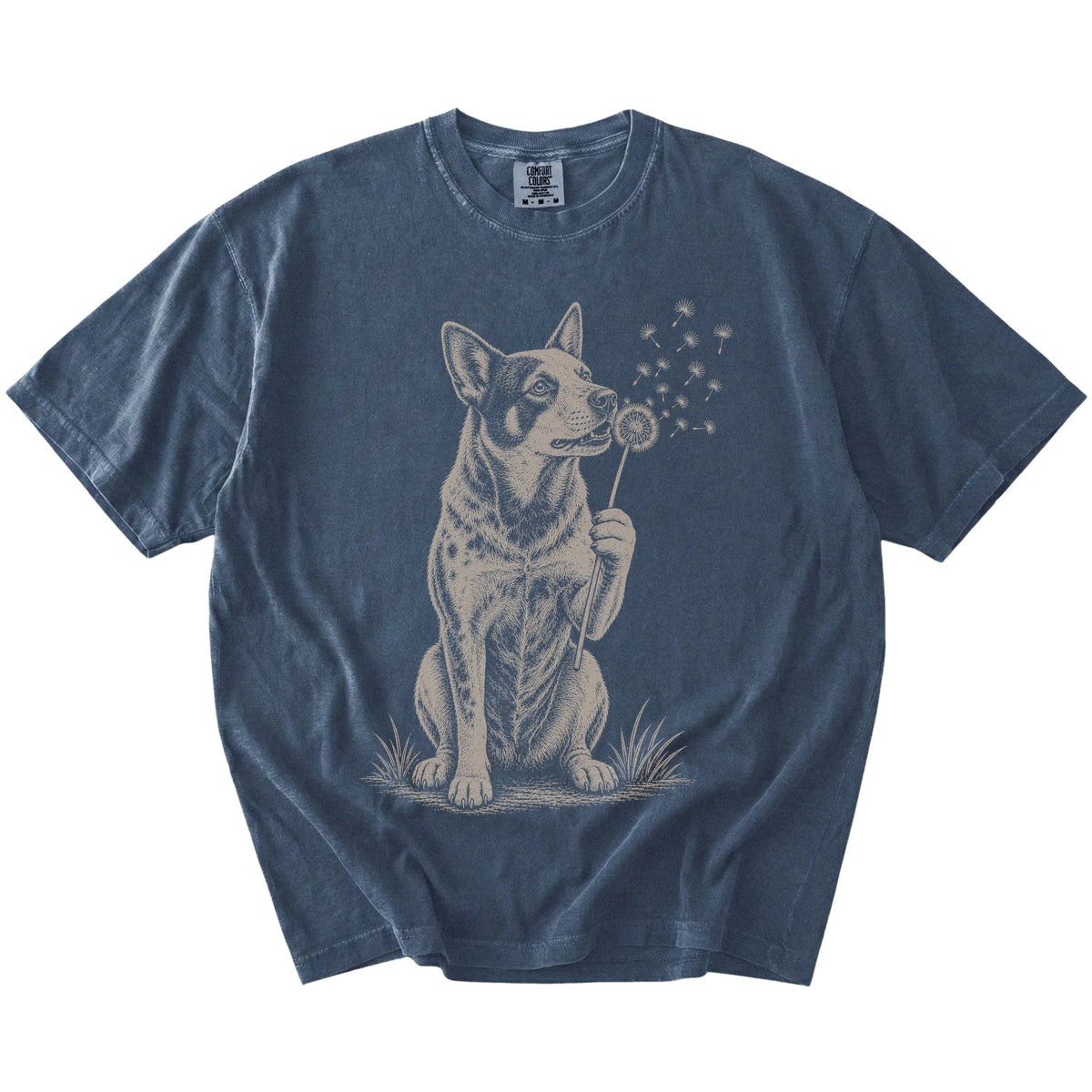Blue Heeler portrait with drifting dandelion seeds on a Denim Comfort Colors® T-shirt