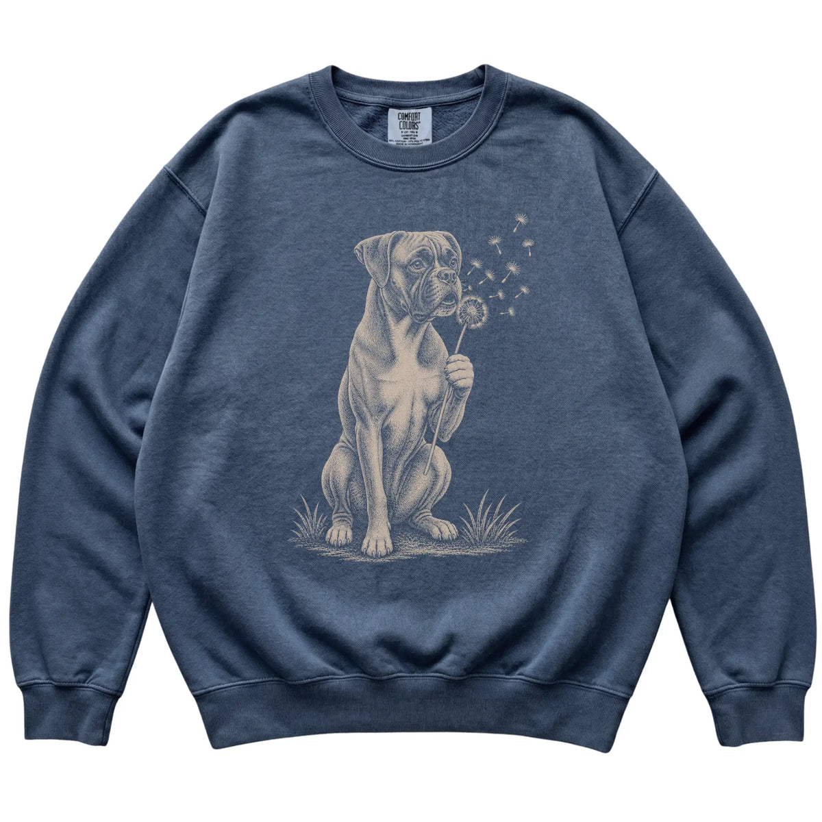 Denim Comfort Colors® sweatshirt featuring Dandelion Boxer, laid-flat presentation