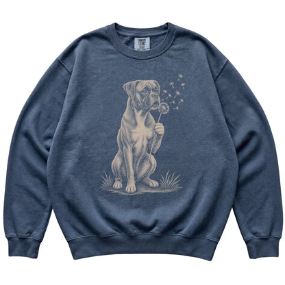 Denim Comfort Colors® sweatshirt featuring Dandelion Boxer, laid-flat presentation