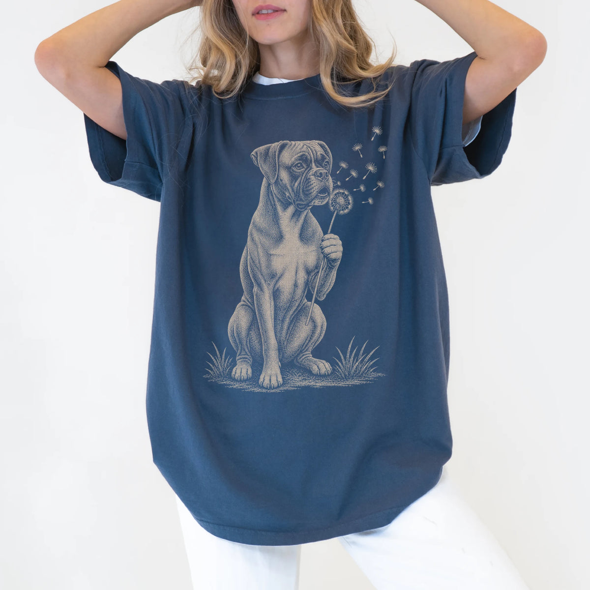 Model wearing a Denim Comfort Colors® T-shirt showing Boxer portrait with drifting dandelion seeds