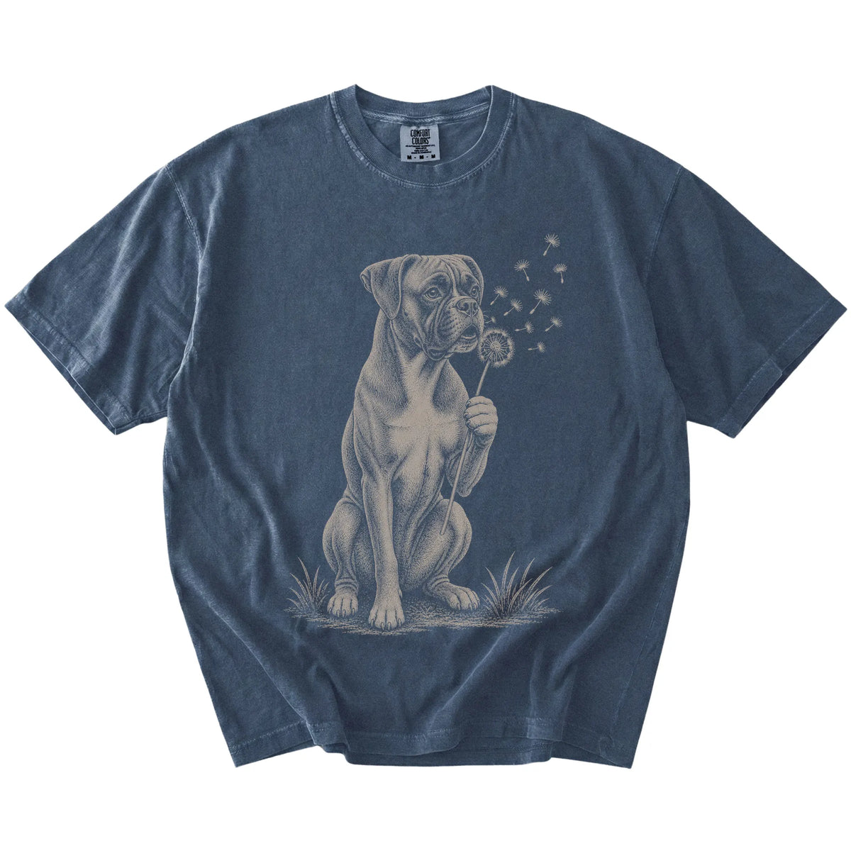 Boxer portrait with drifting dandelion seeds on a Denim Comfort Colors® T-shirt