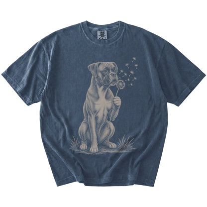 Boxer portrait with drifting dandelion seeds on a Denim Comfort Colors® T-shirt