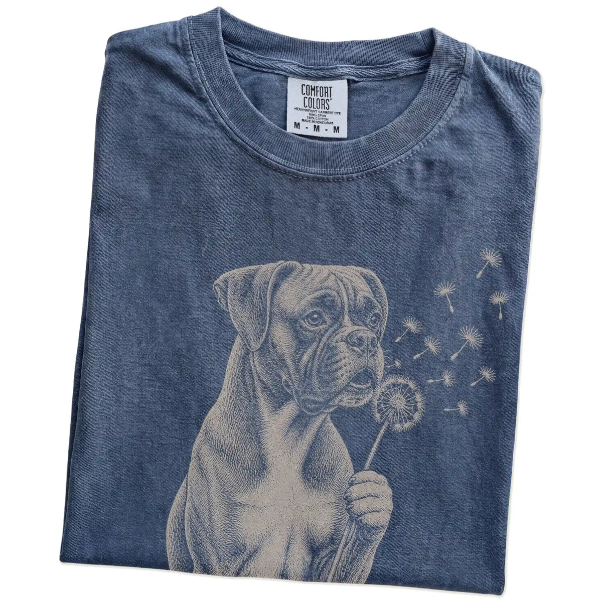 Folded Denim Comfort Colors® T-shirt showing Boxer portrait with drifting dandelion seeds