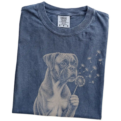Folded Denim Comfort Colors® T-shirt showing Boxer portrait with drifting dandelion seeds