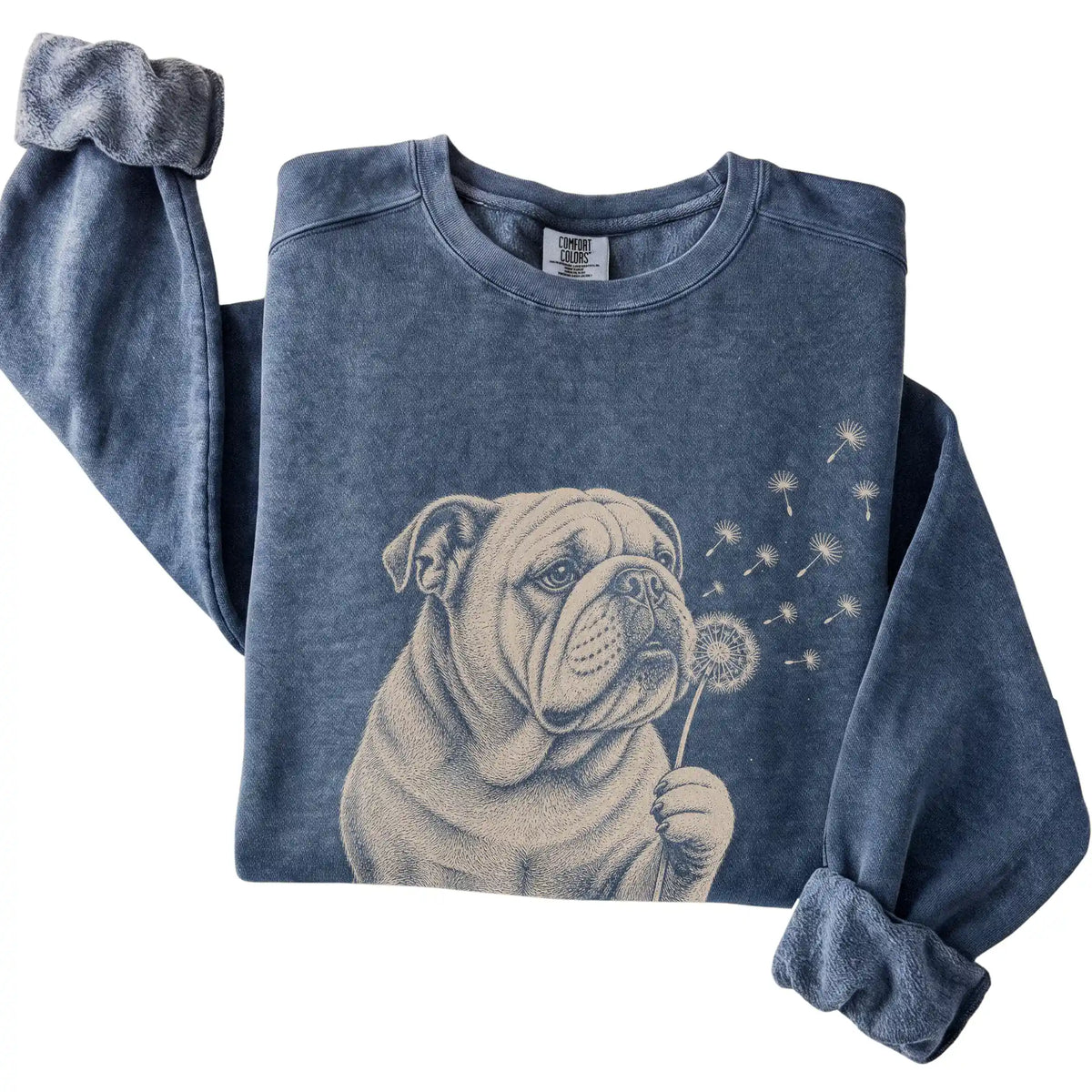 Denim Comfort Colors® sweatshirt featuring Dandelion Bulldog, folded presentation