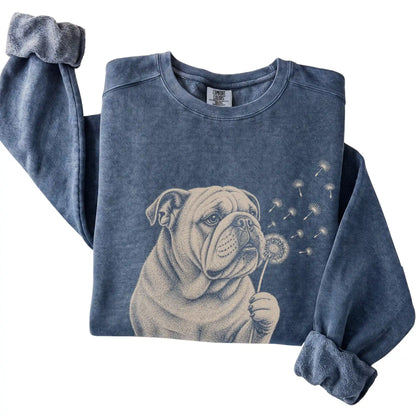 Denim Comfort Colors® sweatshirt featuring Dandelion Bulldog, folded presentation