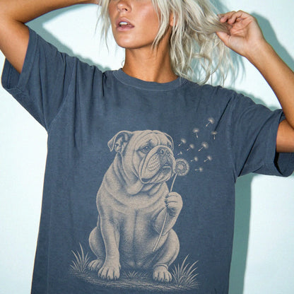 Model wearing a Denim Comfort Colors® T-shirt showing Bulldog portrait with drifting dandelion seeds