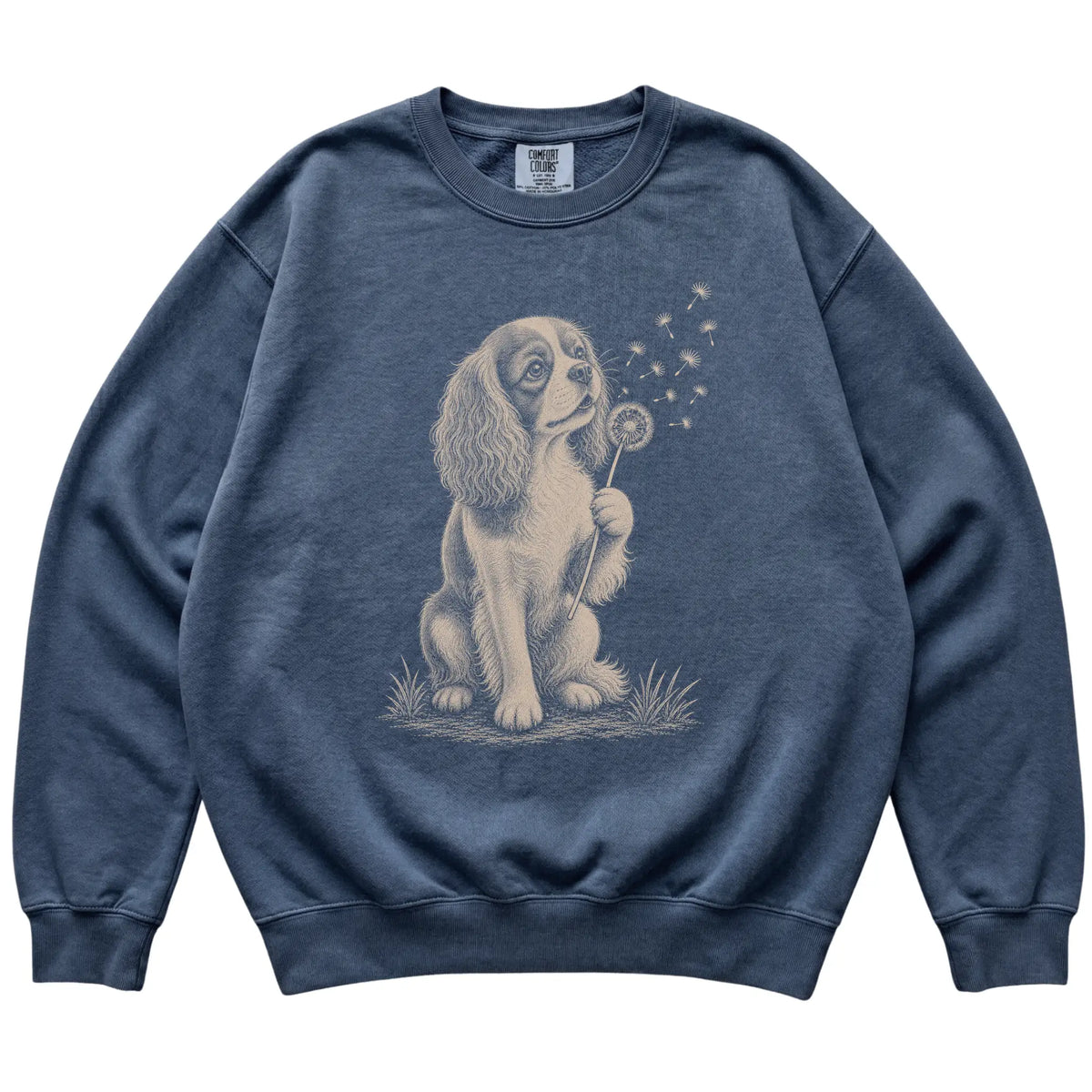 Denim Comfort Colors® sweatshirt featuring Dandelion American Bulldog, laid-flat presentation