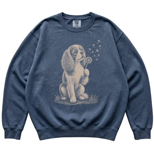 Denim Comfort Colors® sweatshirt featuring Dandelion American Bulldog, laid-flat presentation