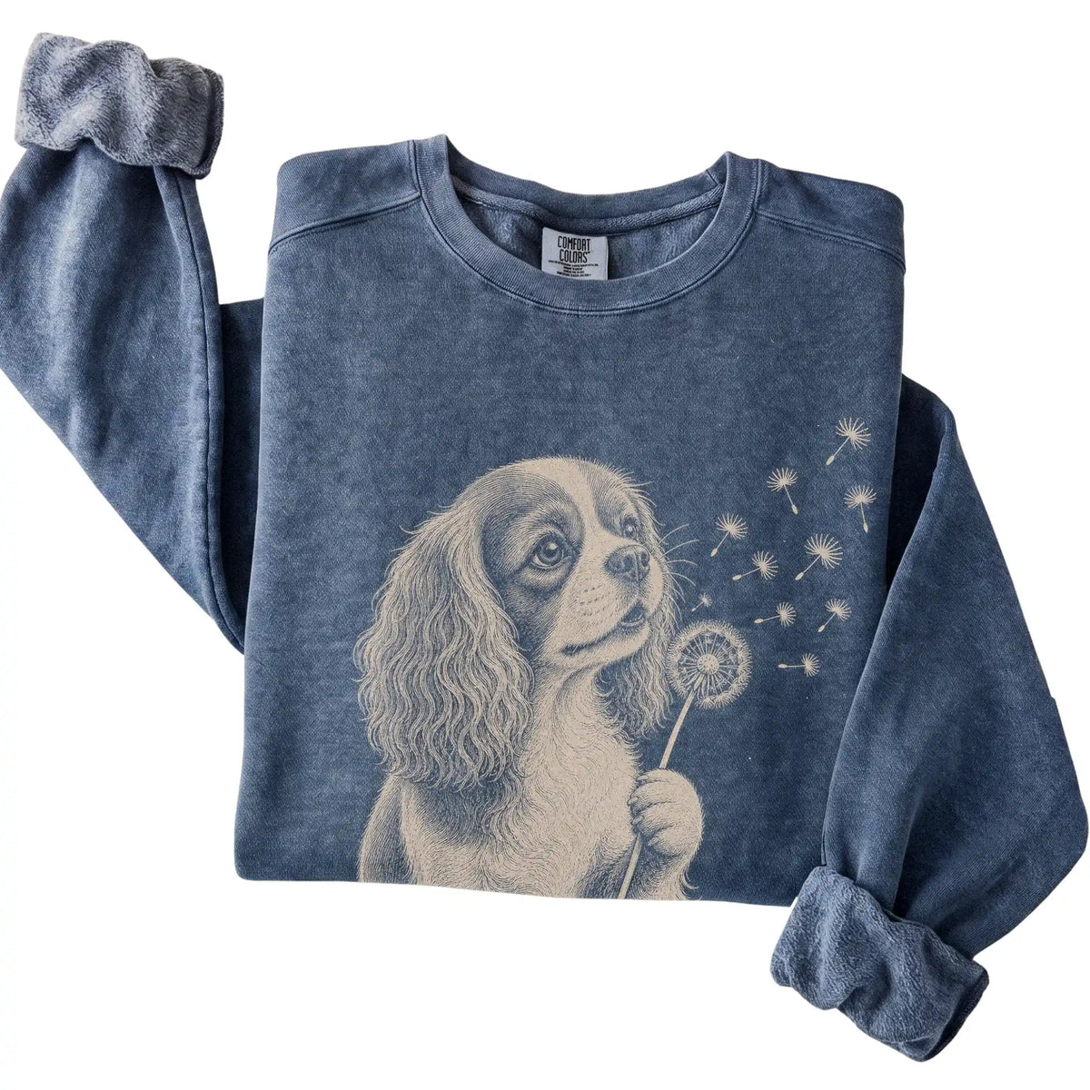 Denim Comfort Colors® sweatshirt featuring Dandelion American Bulldog, folded presentation