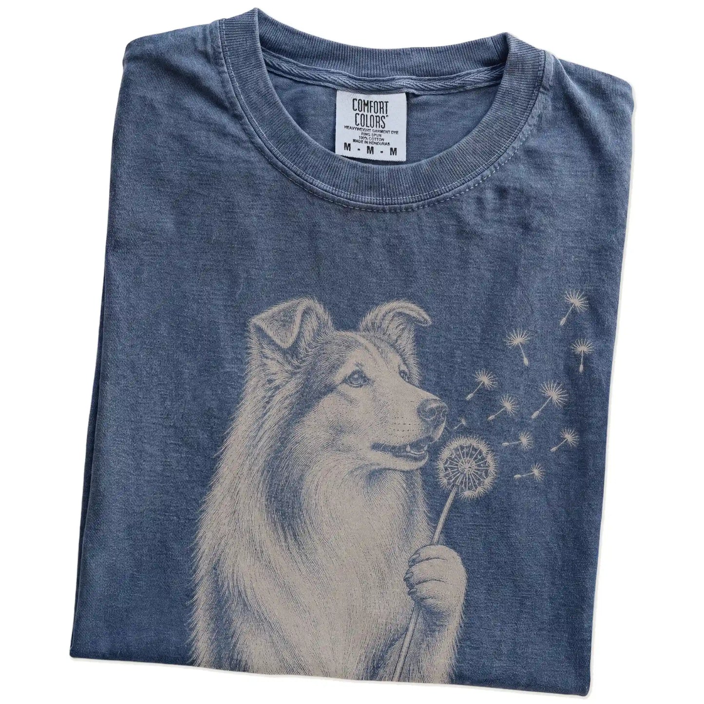 Folded Denim Comfort Colors® T-shirt showing Collie portrait with drifting dandelion seeds