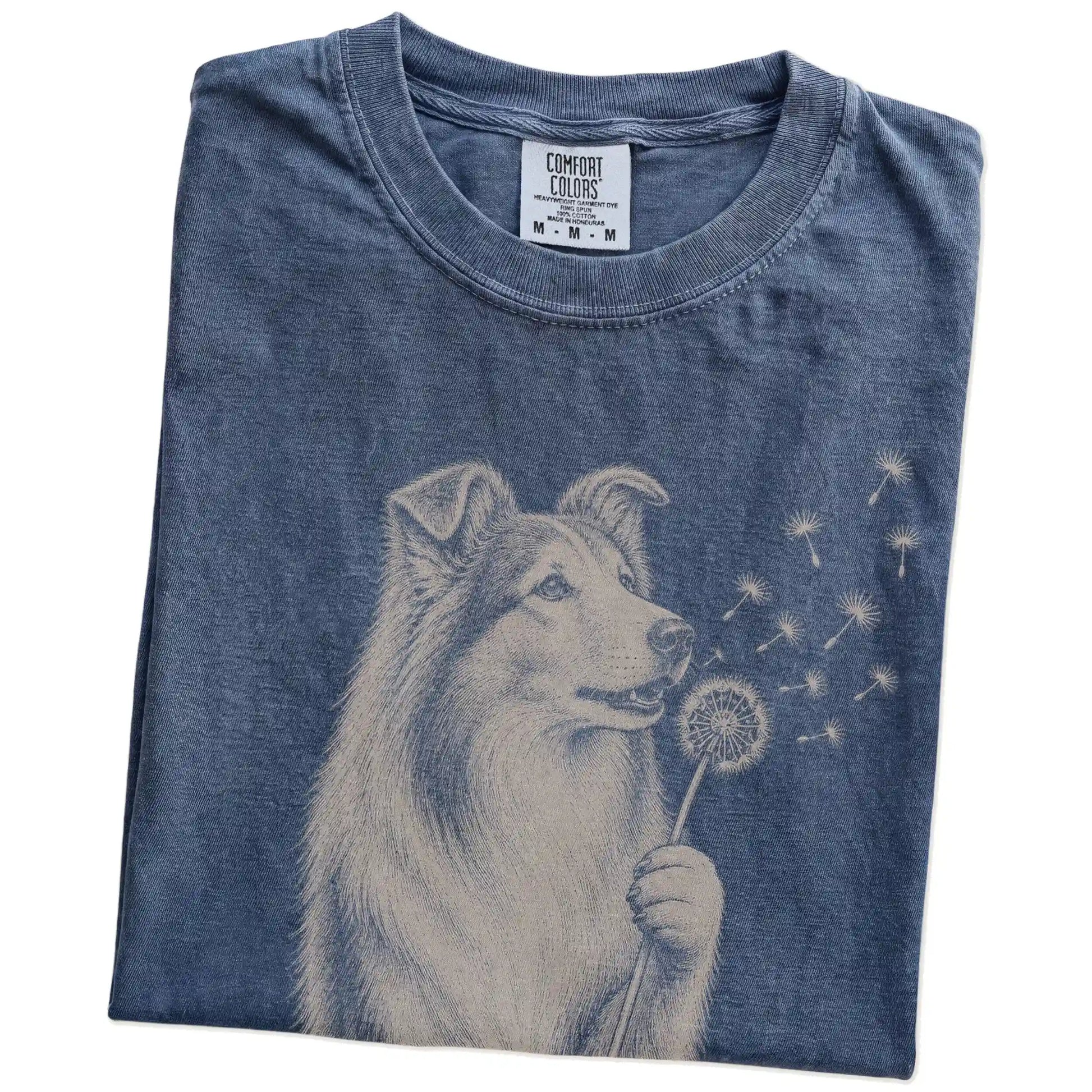 Folded Denim Comfort Colors® T-shirt showing Collie portrait with drifting dandelion seeds