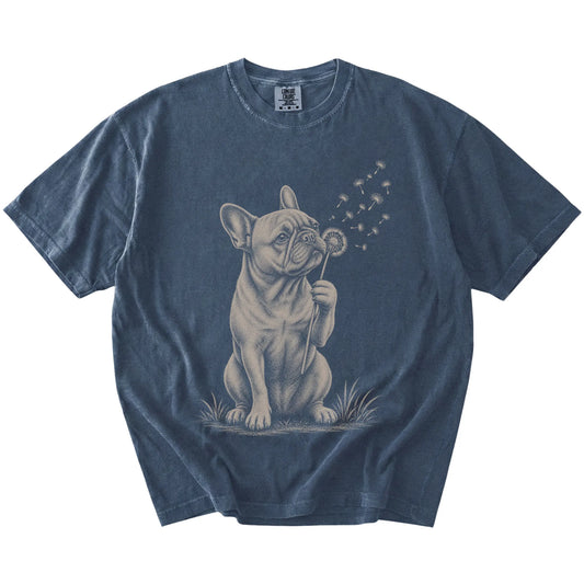 French Bulldog portrait with drifting dandelion seeds on a Denim Comfort Colors® T-shirt