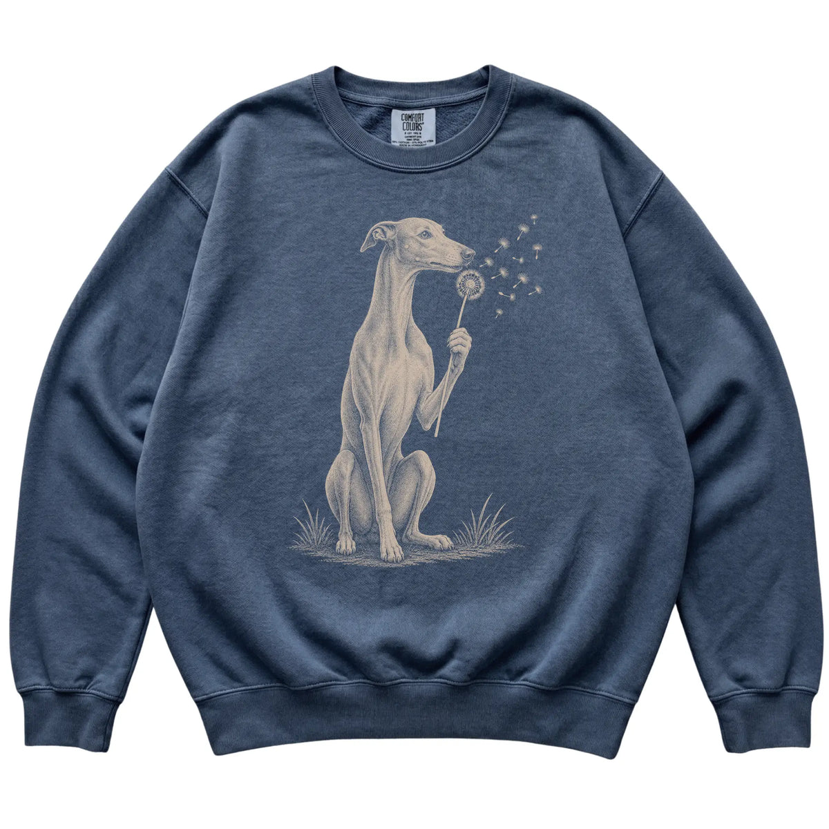 Denim Comfort Colors® sweatshirt featuring Dandelion Greyhound, laid-flat presentation