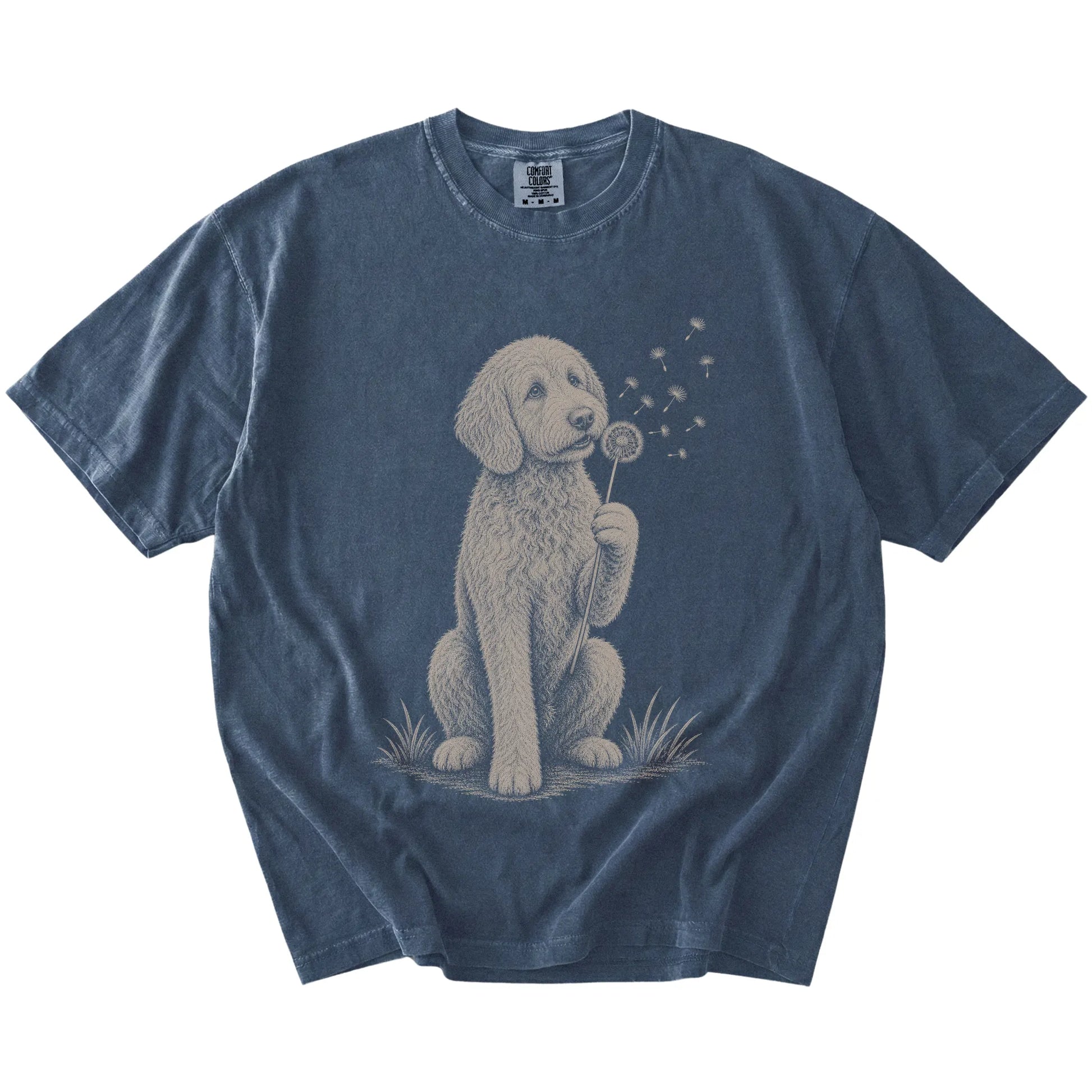 Labradoodle portrait with drifting dandelion seeds on a Denim Comfort Colors® T-shirt