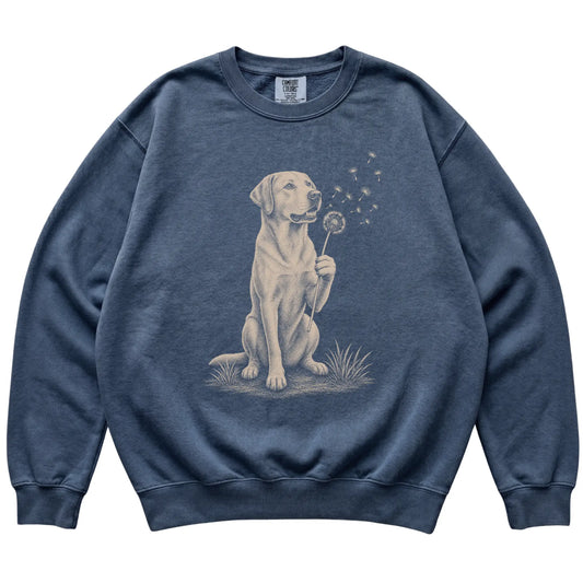 Denim Comfort Colors® sweatshirt featuring Dandelion American Bulldog, laid-flat presentation