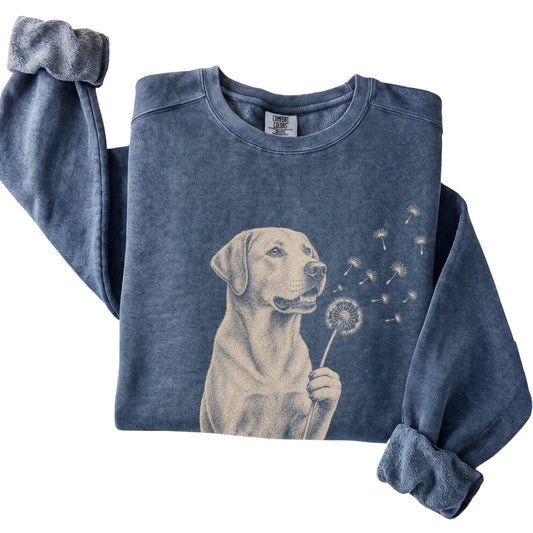 Denim Comfort Colors® sweatshirt featuring Dandelion American Bulldog, folded presentation
