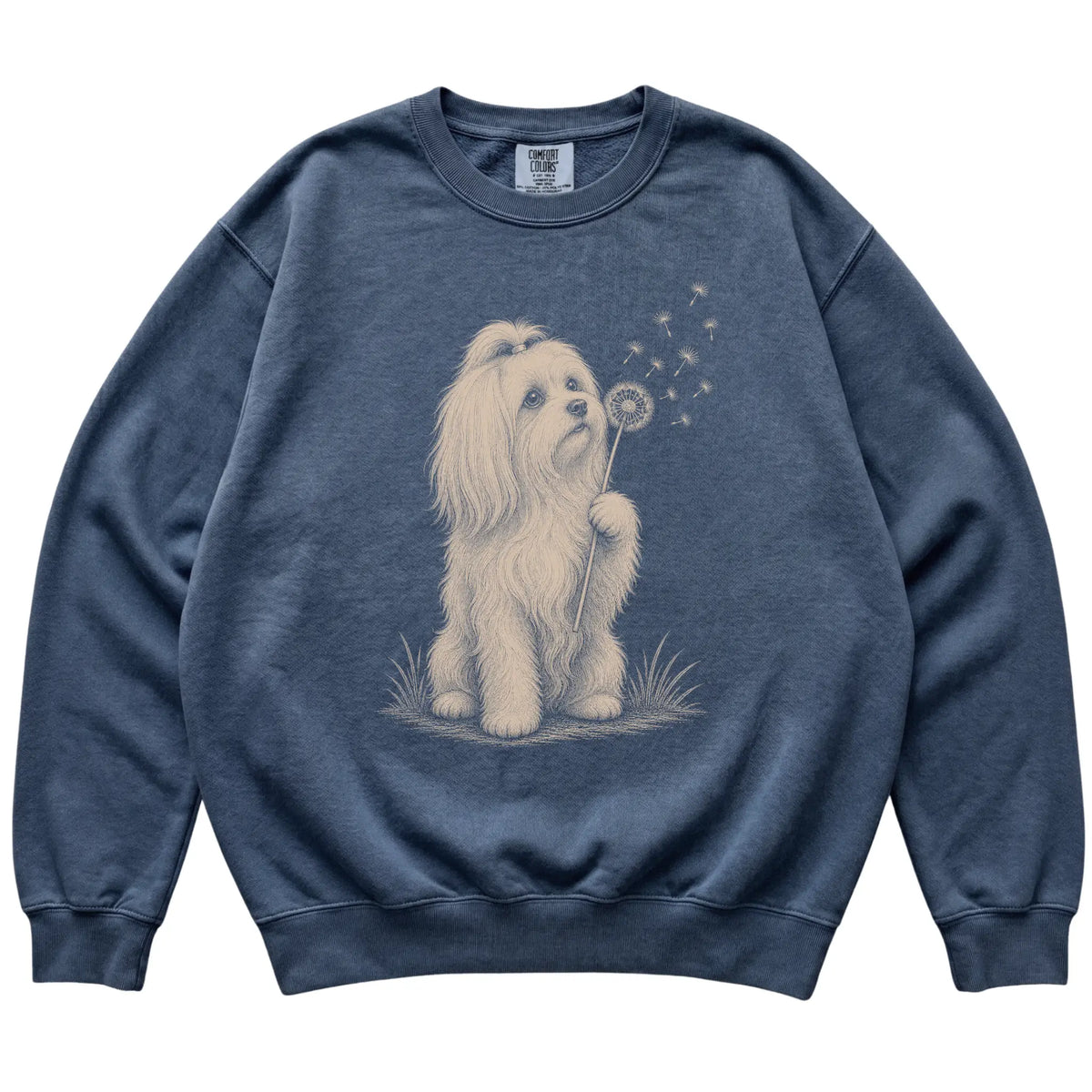 Denim Comfort Colors® sweatshirt featuring Dandelion Maltese, laid-flat presentation