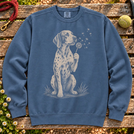 Pointer Dandelion on a Denim crewneck sweatshirt, shown flat