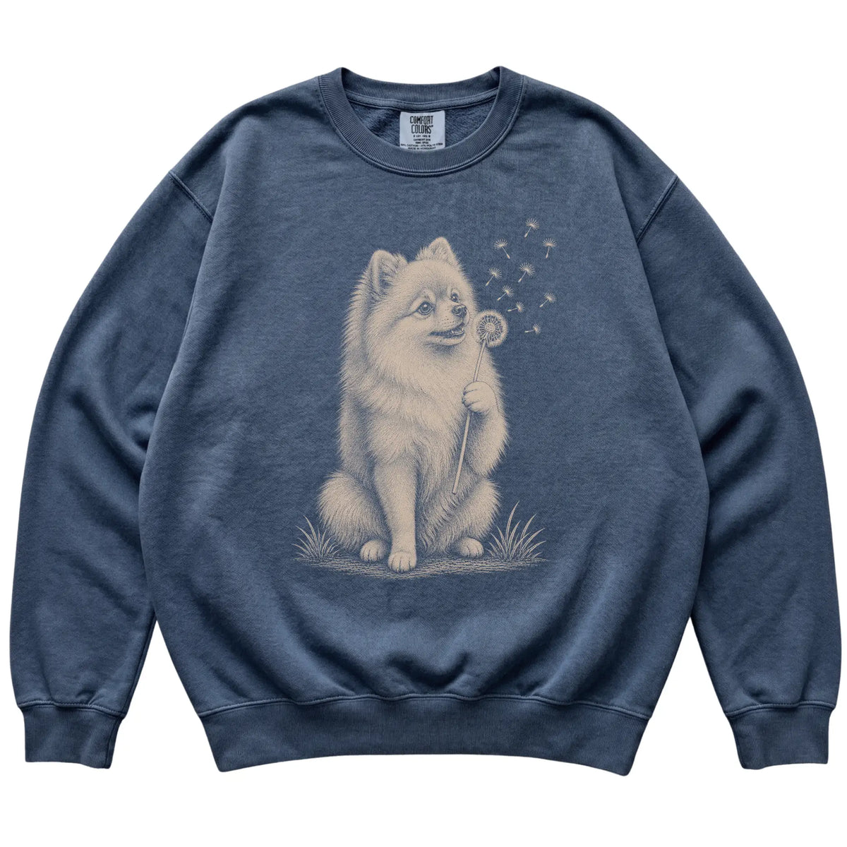 Denim Comfort Colors® sweatshirt featuring Dandelion Pomeranian, laid-flat presentation