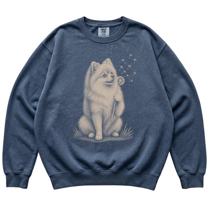 Denim Comfort Colors® sweatshirt featuring Dandelion Pomeranian, laid-flat presentation
