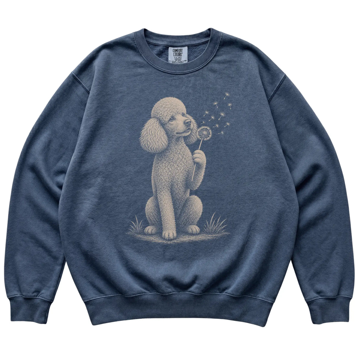 Denim Comfort Colors® sweatshirt featuring Dandelion Poodle, laid-flat presentation