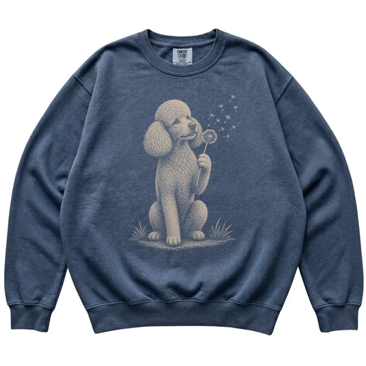Denim Comfort Colors® sweatshirt featuring Dandelion Poodle, laid-flat presentation