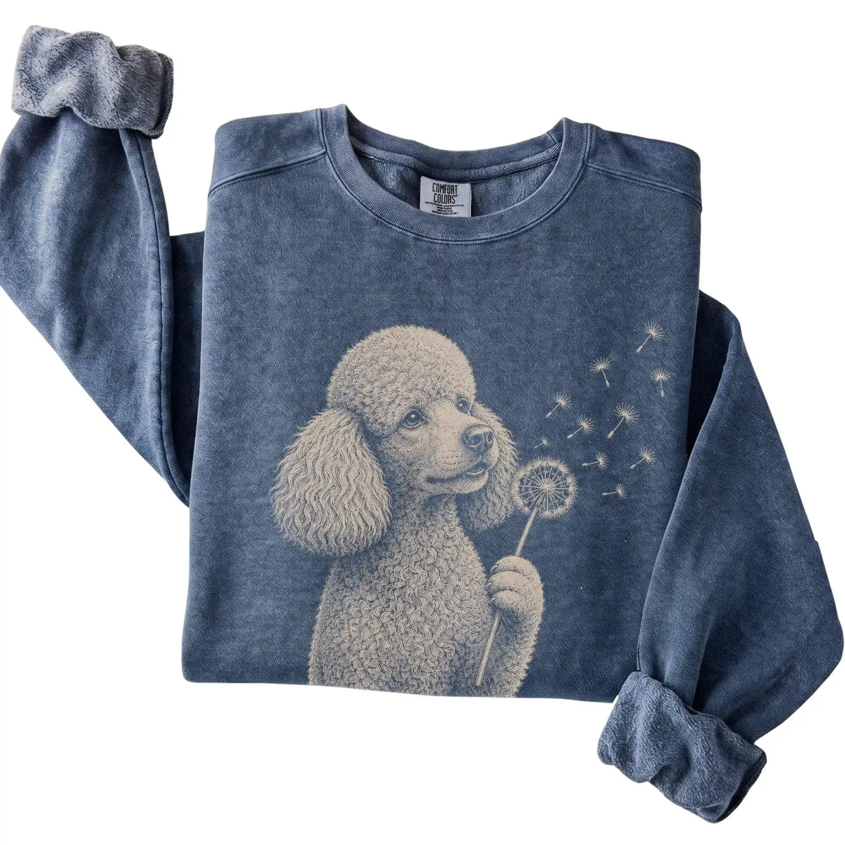 Denim Comfort Colors® sweatshirt featuring Dandelion Poodle, folded presentation